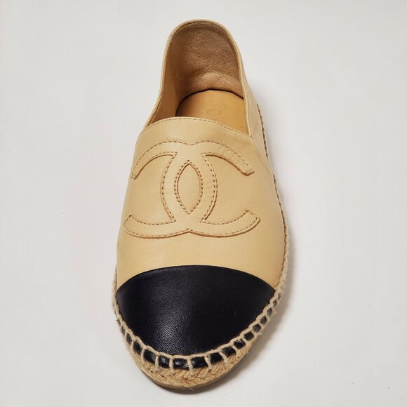 CHANEL SHOES CC LOGO BEIGE LAMBSKIN LEATHER FLATS ESPADRILLE sz 39 US 7.5 - Picture 7 of 16